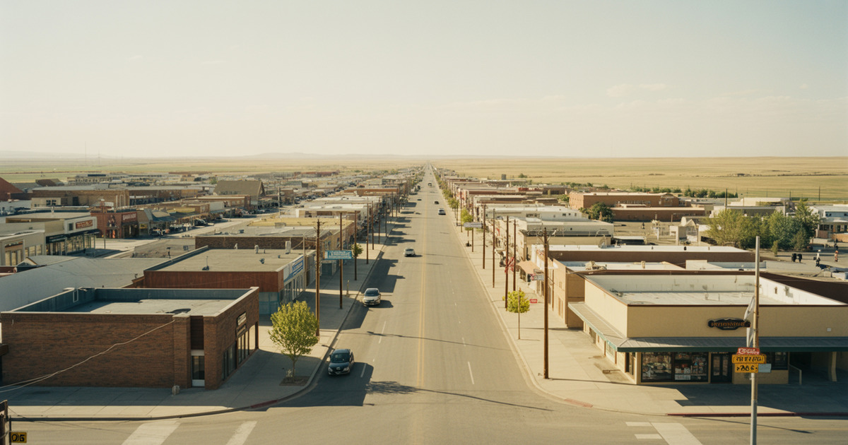 A wide late afternoon view along a broad low rise commercial boulevard in a small high desert city, brick and painted block buildings on both sides, parking aprons in front, flat farmland and open sky at the horizon.